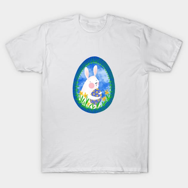 Cute white bunny with floral easter egg decoration on blue sky, version 1 T-Shirt by iulistration